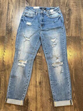 NWT Judy Blue Boyfriend Fit Distressed High Waist Cuffed Denim Jeans Size 11/30